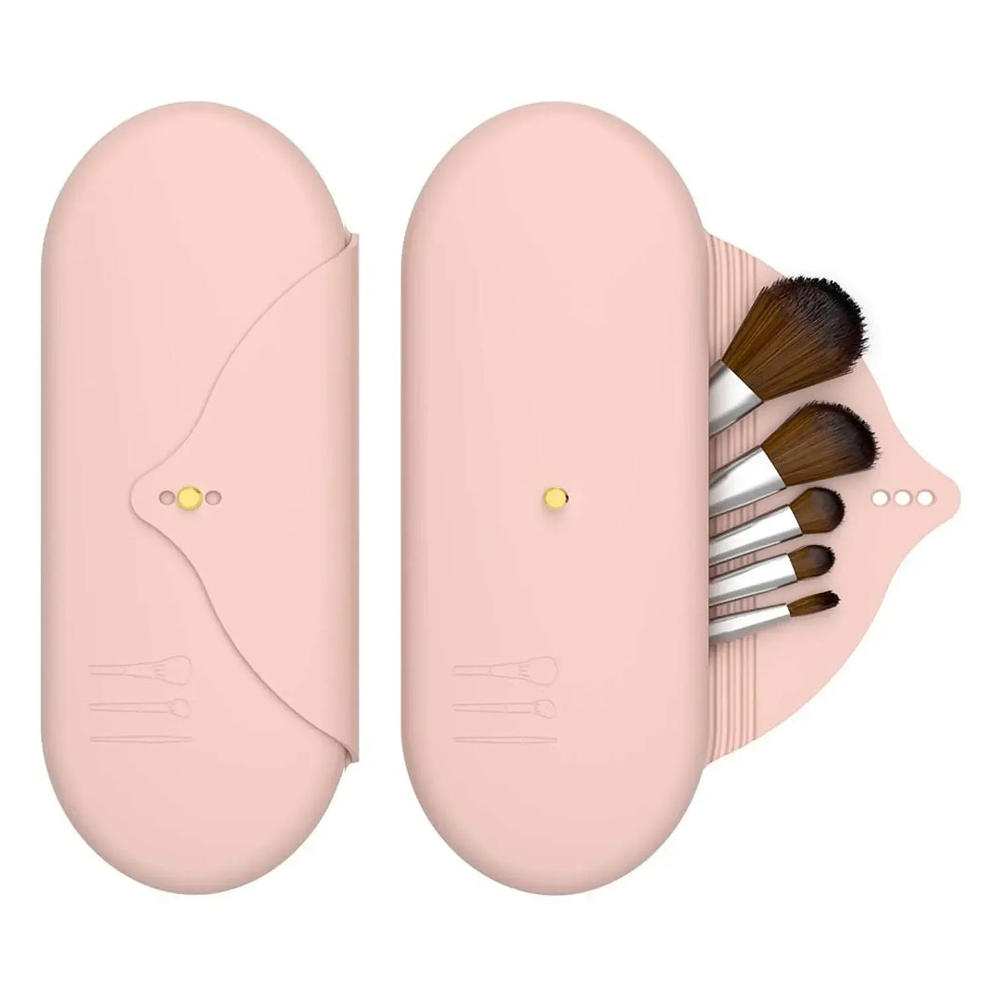 Pink silicone makeup brush holder travel cosmetic bag closed, shown on a clean white background. 