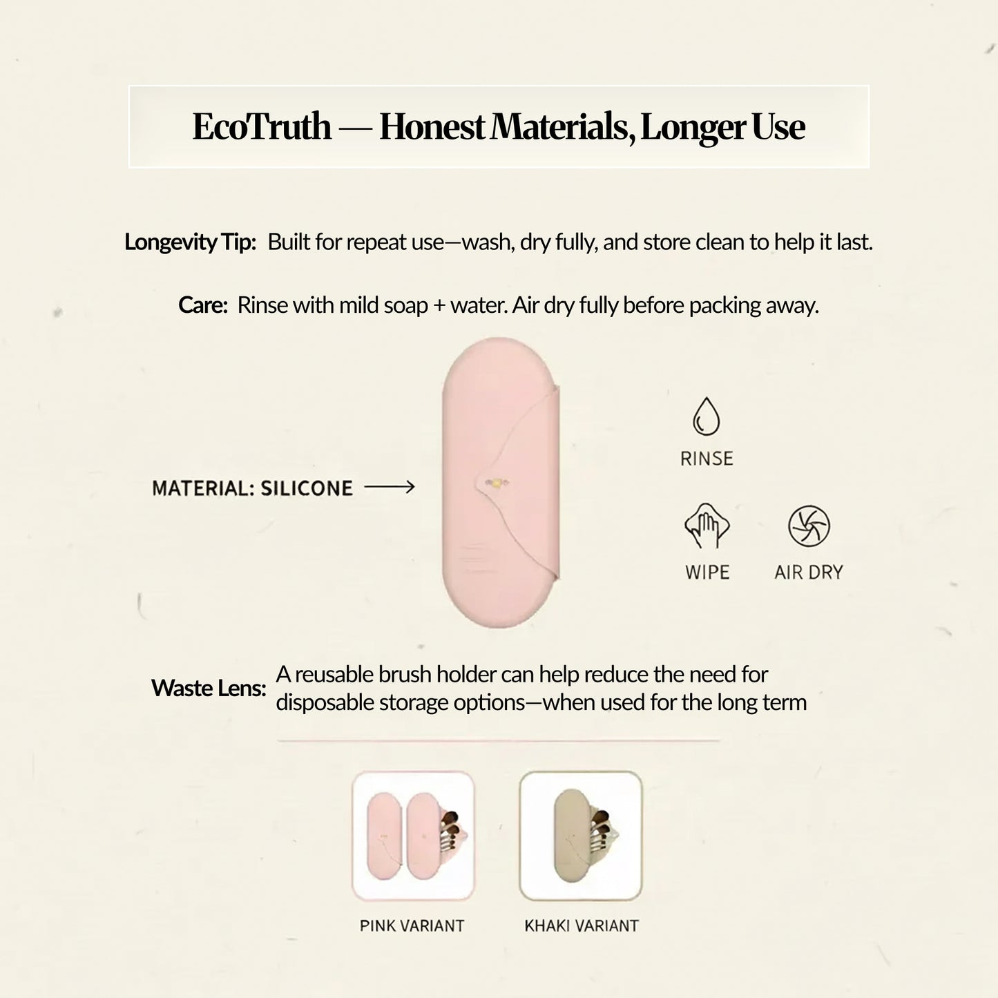 EcoTruth graphic for a silicone makeup brush holder, showing care icons and notes about rinsing, wiping, and fully air-drying for longer reuse.