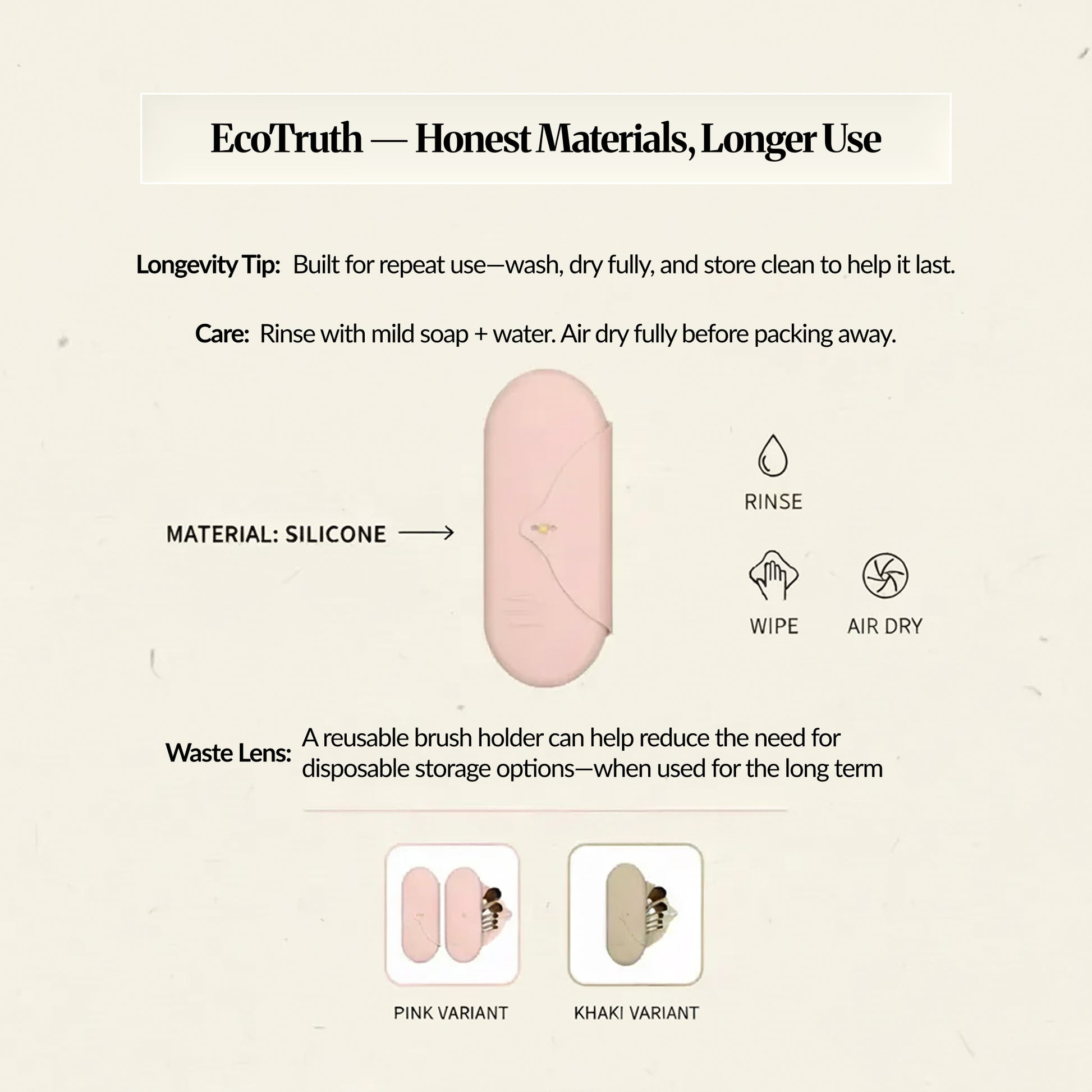 EcoTruth graphic for a silicone makeup brush holder, showing care icons and notes about rinsing, wiping, and fully air-drying for longer reuse.