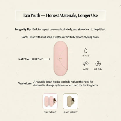 EcoTruth graphic for a silicone makeup brush holder, showing care icons and notes about rinsing, wiping, and fully air-drying for longer reuse.