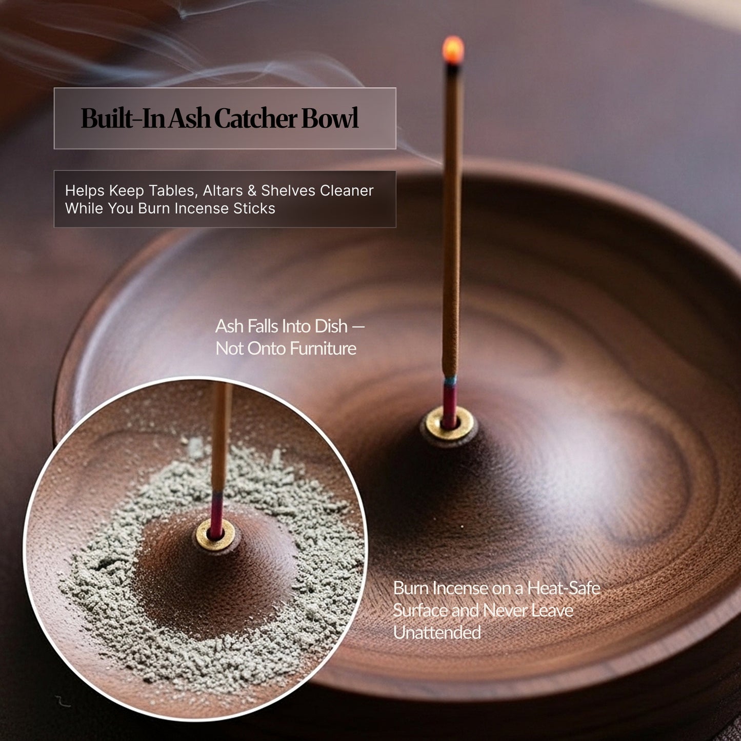 Close-up of incense burning in the wooden bowl with a caption about the built-in ash catcher; inset shows ash collected in the dish around the holder.