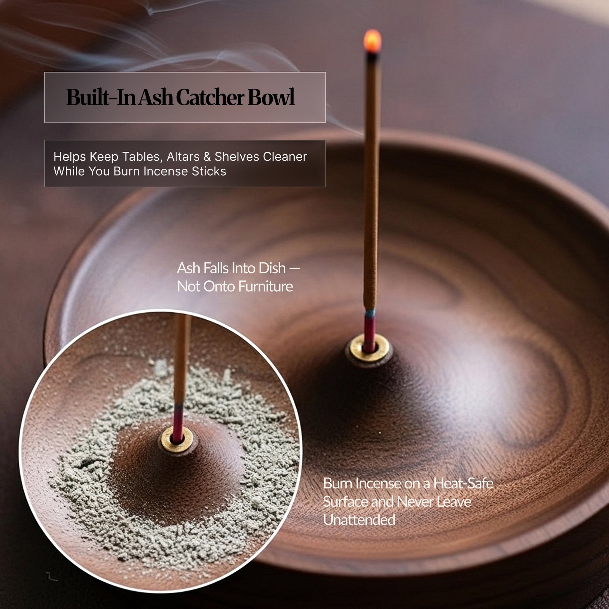 Close-up of incense burning in the wooden bowl with a caption about the built-in ash catcher; inset shows ash collected in the dish around the holder.