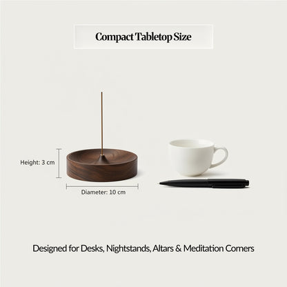 Size guide showing a compact wooden incense holder with an incense stick; labelled 10 cm diameter and 3 cm height, shown next to a mug and pen for scale.