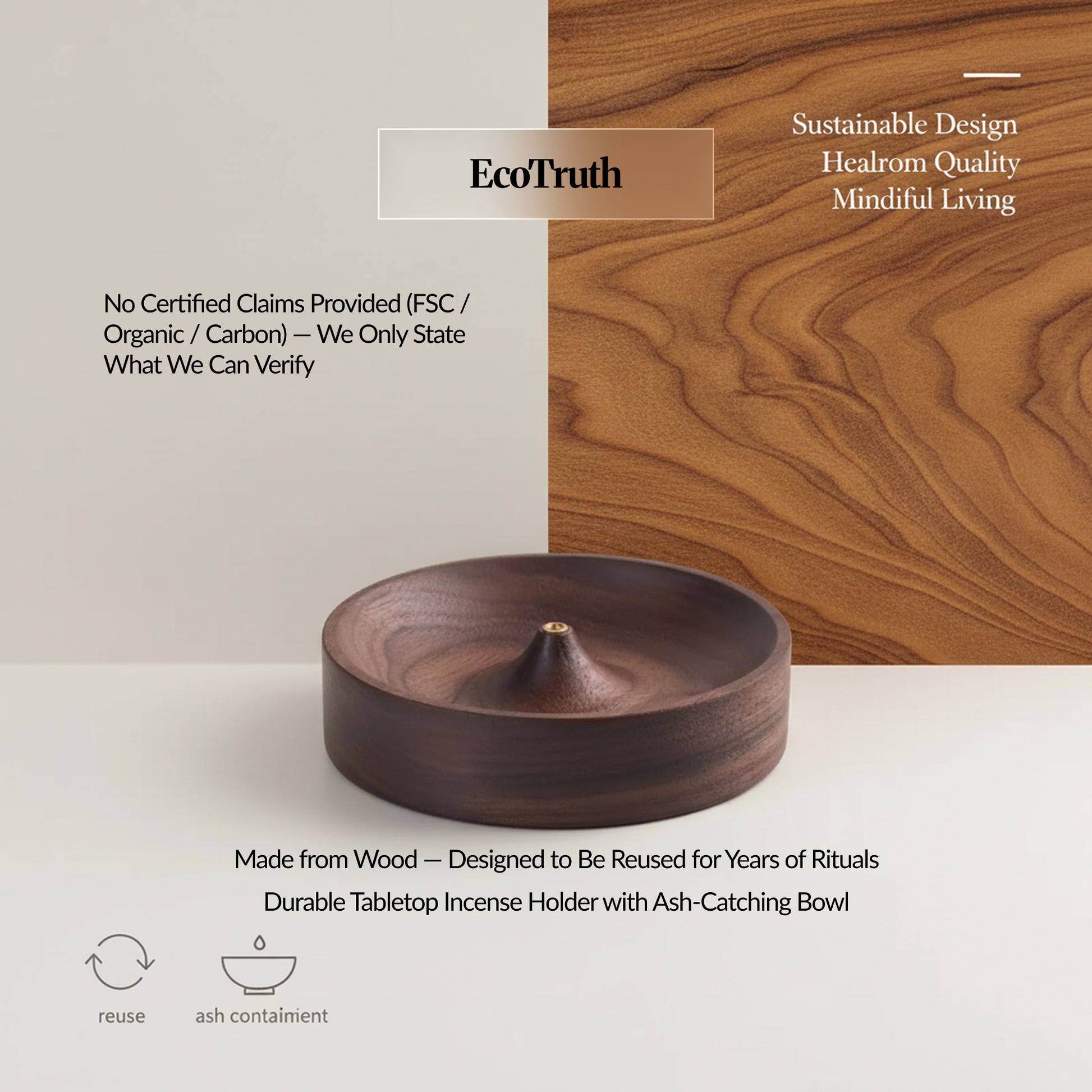 EcoTruth graphic showing a wooden incense holder bowl with a centre stick holder, plus notes about verified claims and long-life reuse.