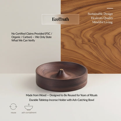 EcoTruth graphic showing a wooden incense holder bowl with a centre stick holder, plus notes about verified claims and long-life reuse.