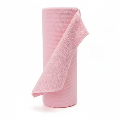 Red Reusable microfiber paper towel roll standing upright on a plain white background 