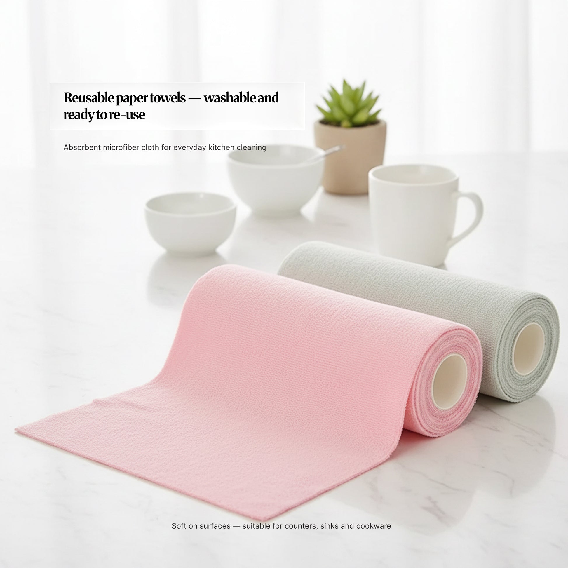 Two perforated reusable microfiber towel rolls (pink and grey) unrolled on a kitchen counter with text highlighting washable, reusable everyday cleaning.