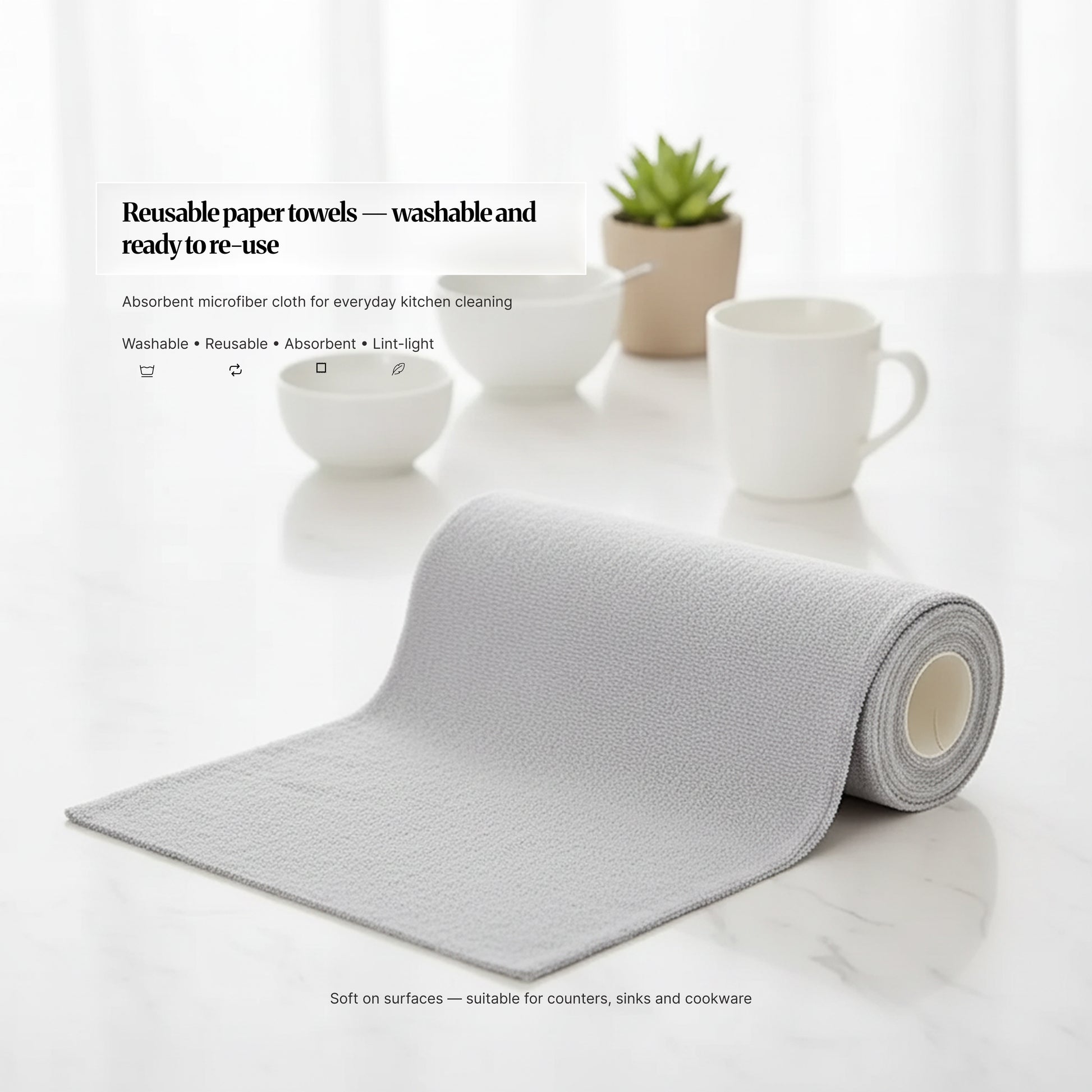 Single grey perforated reusable microfiber towel roll unrolled on a bright kitchen counter with text and icons highlighting washable, reusable, absorbent, and lint-light use.
