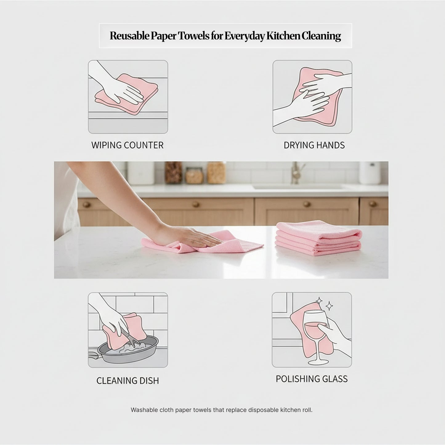How-to-use graphic for reusable paper towels with icons for wiping counters, drying hands, cleaning dishes, and polishing glass, plus a photo of someone wiping a counter beside a folded stack of cloths.
