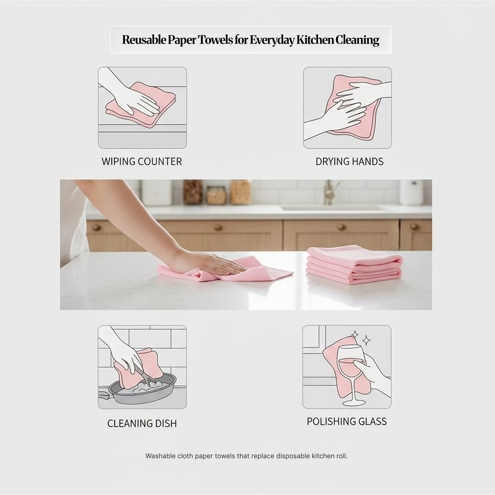 How-to-use graphic for reusable paper towels with icons for wiping counters, drying hands, cleaning dishes, and polishing glass, plus a photo of someone wiping a counter beside a folded stack of cloths.
