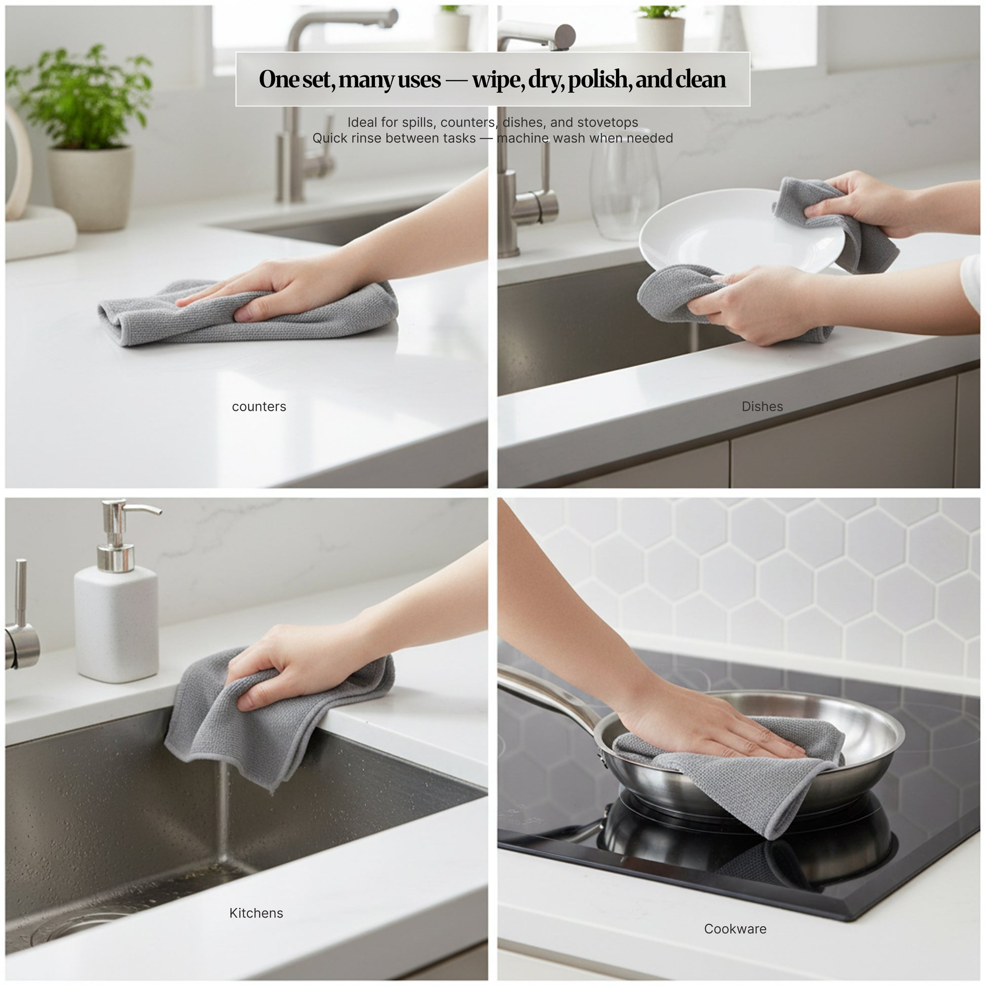 Four-image montage showing a reusable cloth wiping kitchen counters, drying dishes, wiping around the sink, and cleaning cookware on a hob.