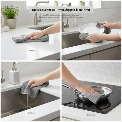 Four-image montage showing a reusable cloth wiping kitchen counters, drying dishes, wiping around the sink, and cleaning cookware on a hob.