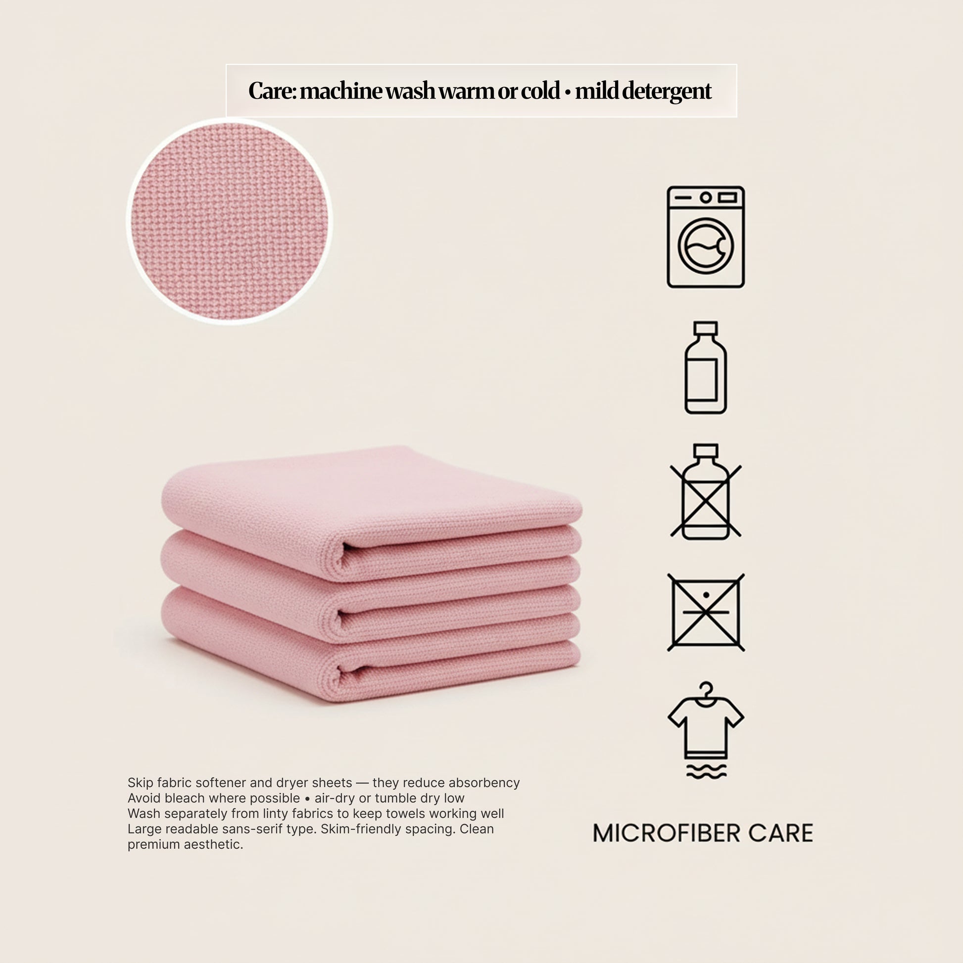 Microfiber care graphic with folded pink cloths, fabric texture inset, and care icons showing machine-wash guidance and gentle laundry instructions.