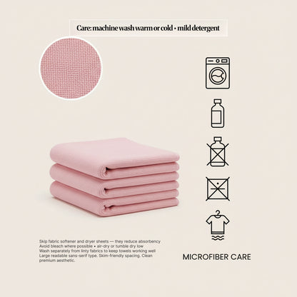 Microfiber care graphic with folded pink cloths, fabric texture inset, and care icons showing machine-wash guidance and gentle laundry instructions.