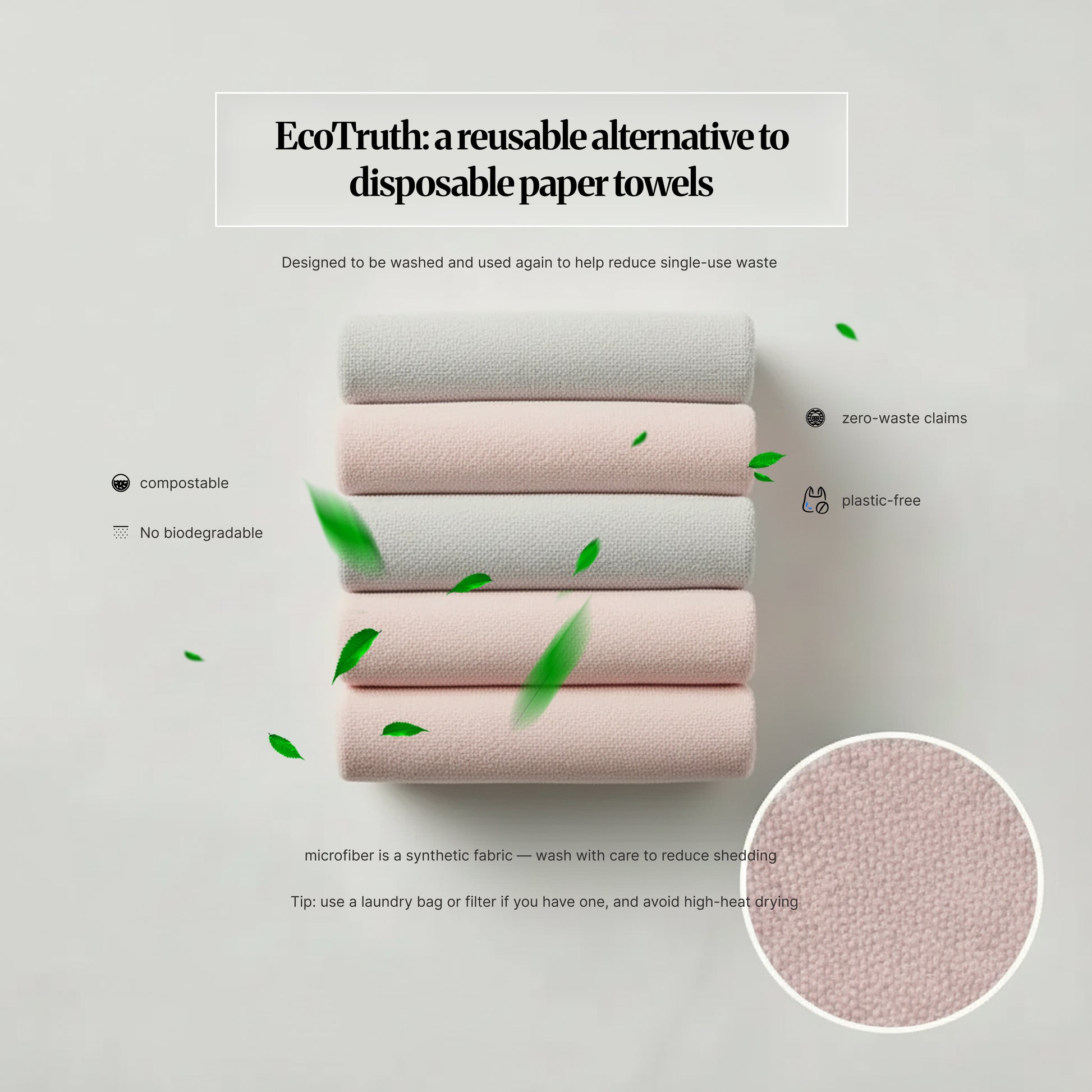 EcoTruth panel showing folded reusable microfiber cloths with notes that they’re a washable alternative to disposable paper towels, plus a close-up texture inset.