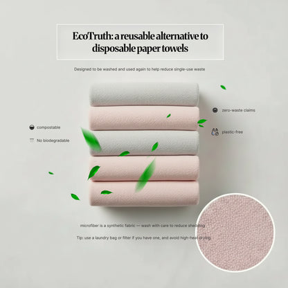 EcoTruth panel showing folded reusable microfiber cloths with notes that they’re a washable alternative to disposable paper towels, plus a close-up texture inset.