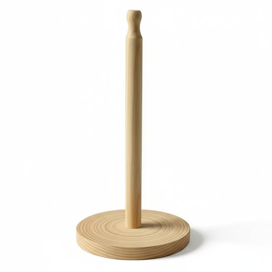 Beech wood paper towel holder standing on a white background, freestanding countertop stand. 
