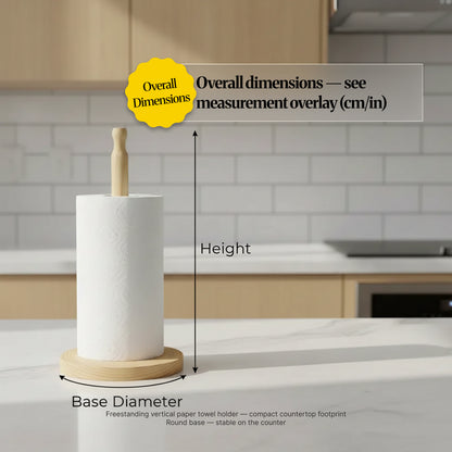 Paper towel holder shown on a kitchen counter with measurement overlay for height and base diameter, illustrating a compact footprint and stable round base.