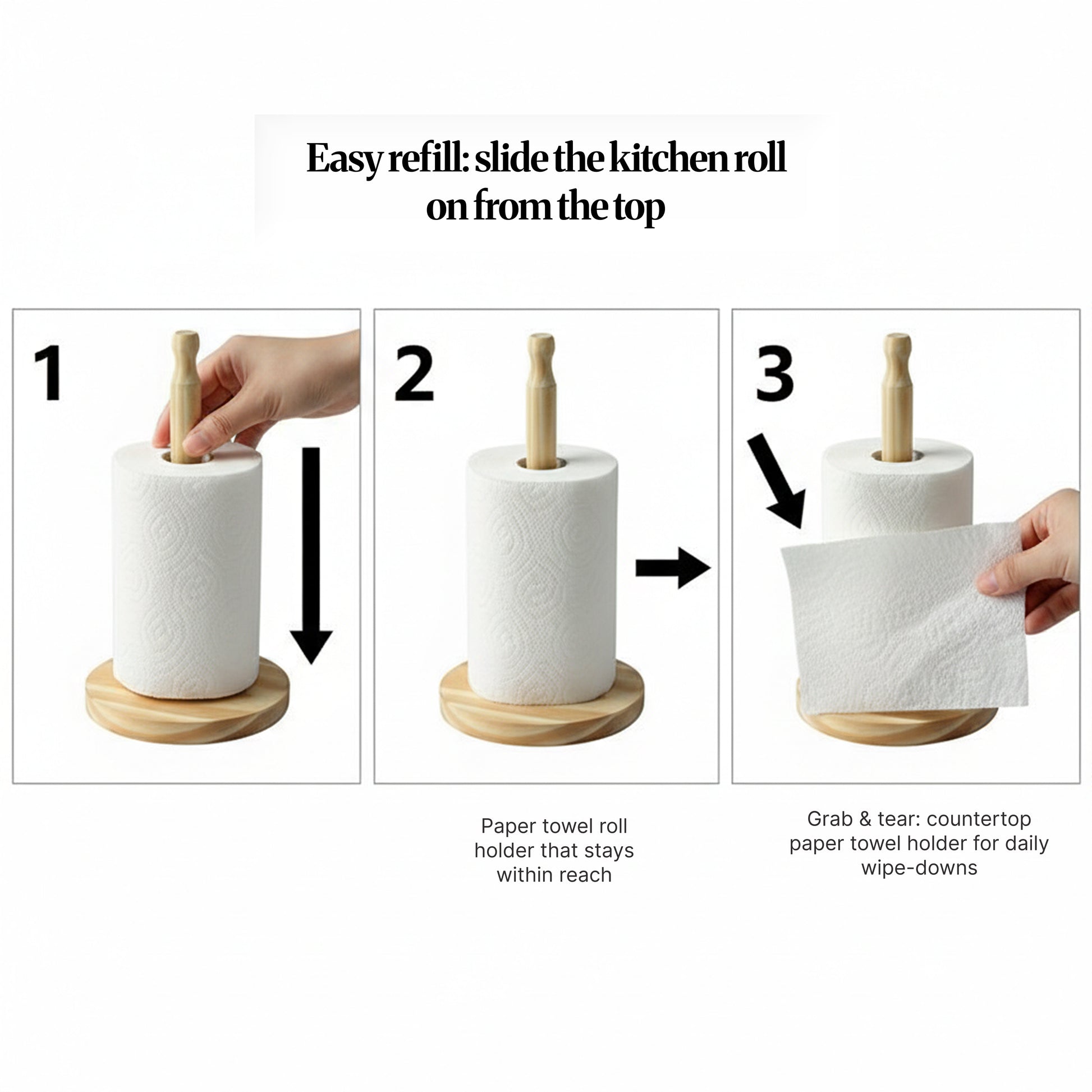 Three-step visual showing how to refill the wooden paper towel holder by sliding a kitchen roll onto the top, keeping the roll within reach, then grabbing and tearing sheets for daily wipe-downs.