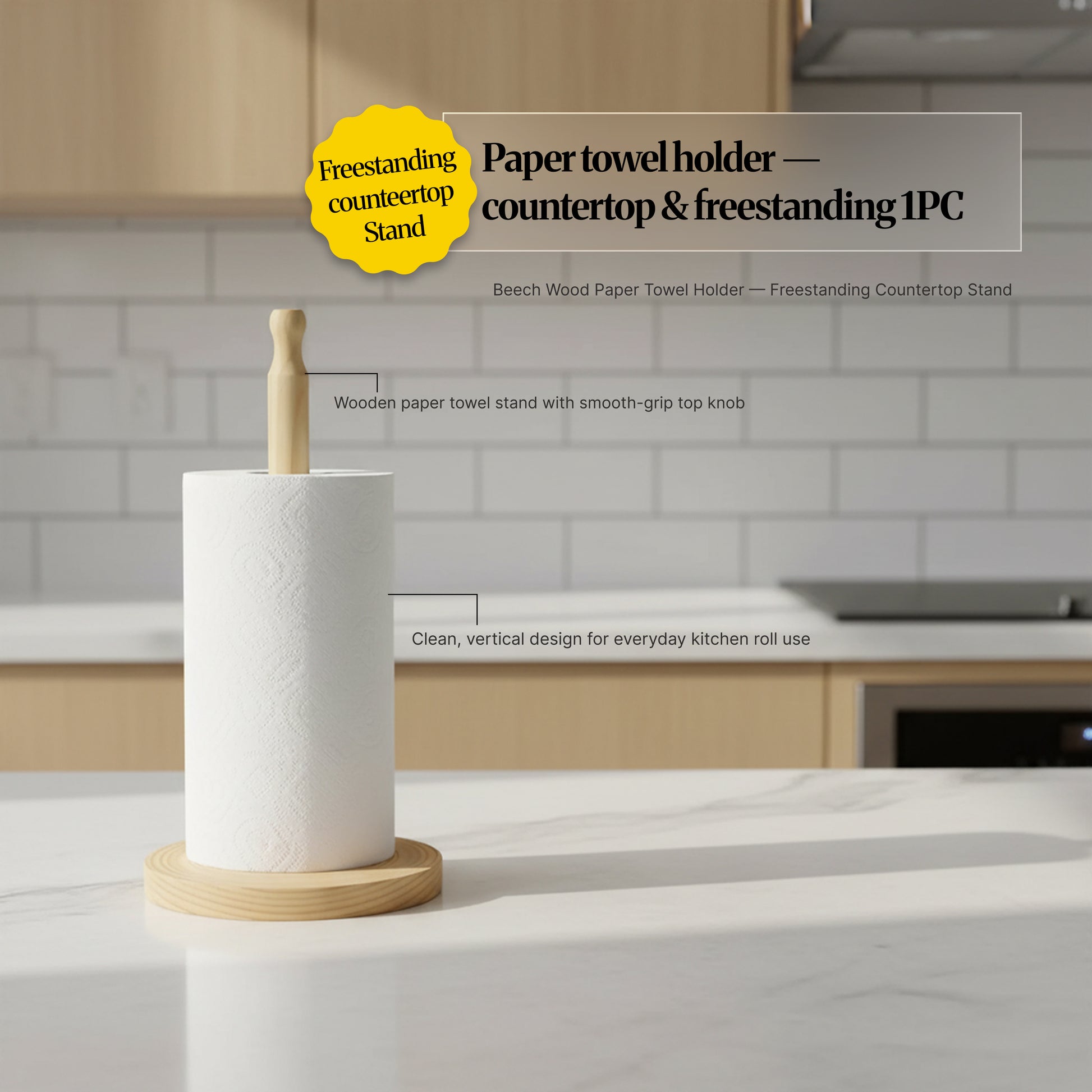 Single wooden paper towel holder holding a kitchen roll on a countertop, with callouts noting the smooth-grip top knob and clean vertical design for everyday use.