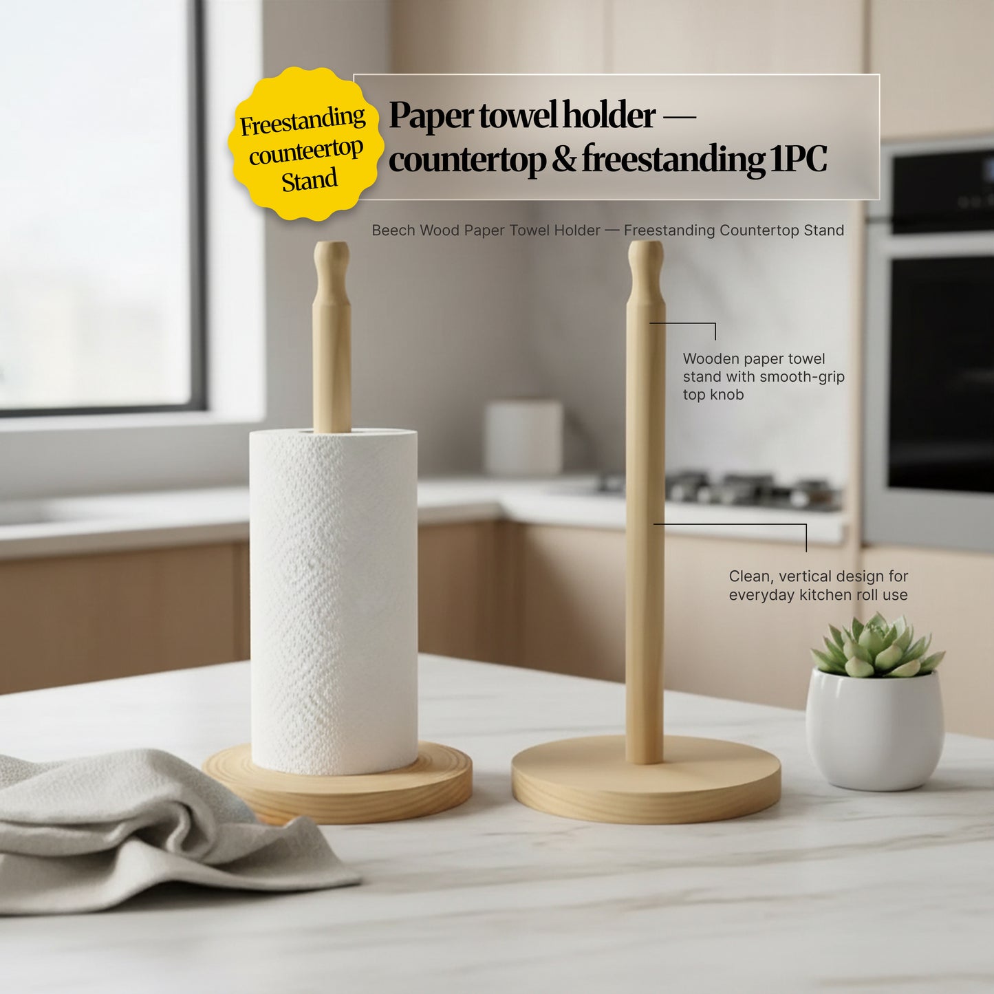 Two-piece set shown in a modern kitchen: one wooden paper towel holder holding a roll and a second empty stand beside it, highlighting the freestanding countertop design.