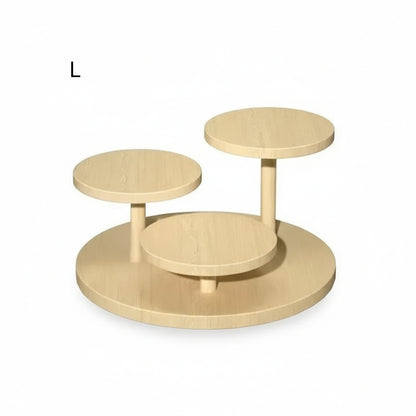 Product-only image on a white background showing the light-wood “L” tiered display stand with three round platforms on a circular base.