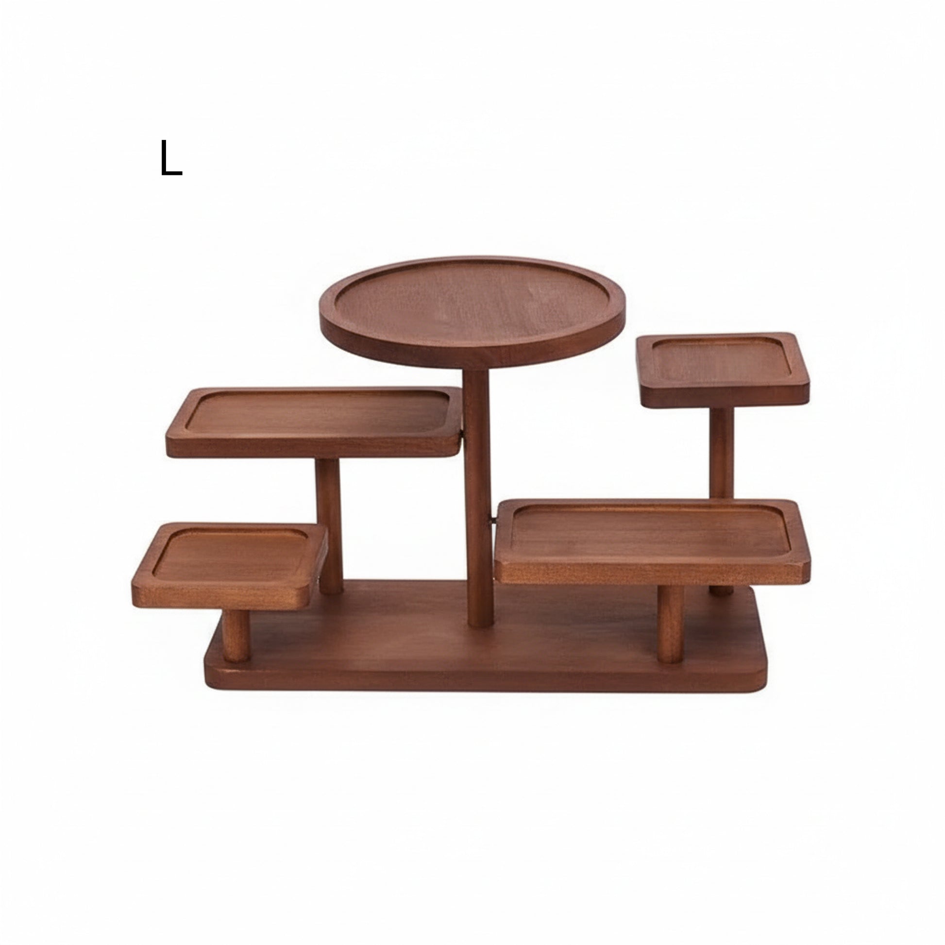 Product-only image on a white background showing the dark walnut “L” tiered display stand with multiple tier trays (one round and several rectangular) on a rectangular base.