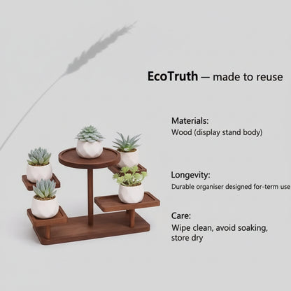 EcoTruth graphic showing a wooden tiered display stand with text highlighting reusable design, durable long-term organiser, and care guidance to wipe clean, avoid soaking, and store dry.