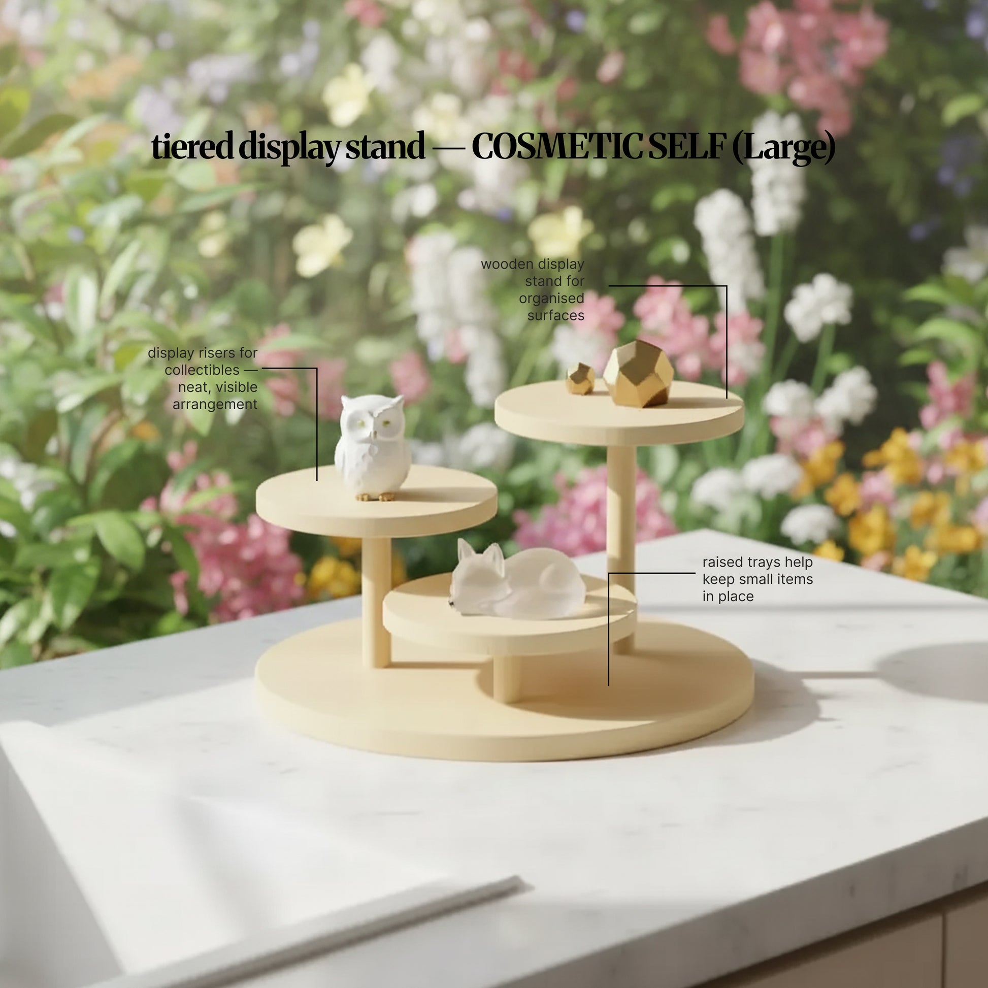 Cosmetic self (Large)” colour tiered display stand on a countertop with small ornaments, featuring callouts for raised trays and organised, visible arrangement on a compact footprint.