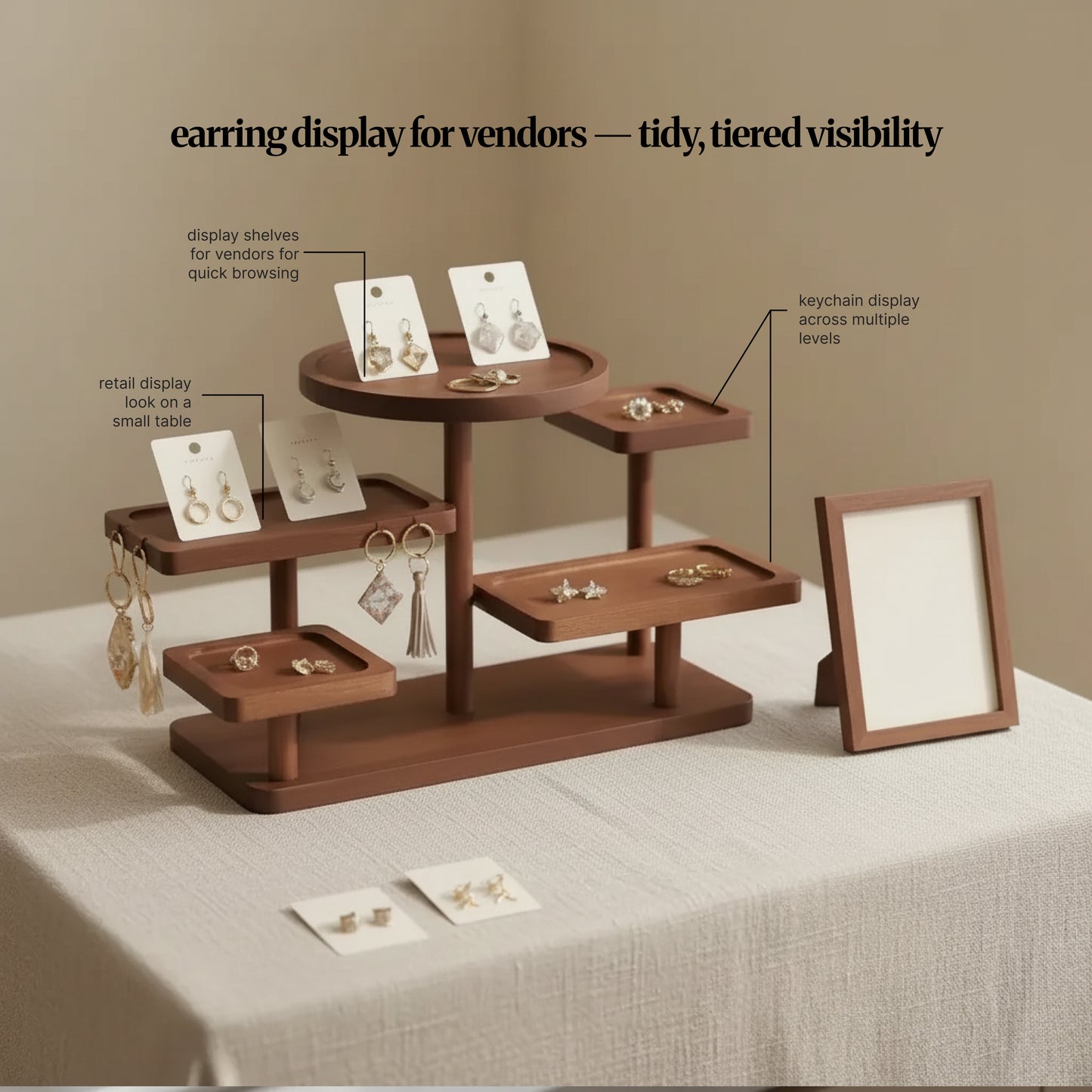 Vendor-style setup showing a dark-wood tiered display stand used to present earrings and small accessories across multiple levels, with callouts for quick browsing and tidy, tiered visibility.