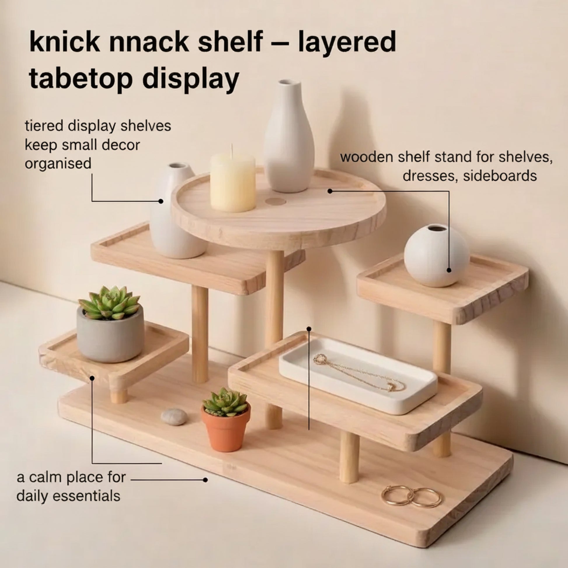 Lifestyle image of a light-wood tiered tabletop display stand holding small décor items (vases, candle, jewellery dish, and small plants) with callouts describing multi-level organisation for sideboards and dressers.