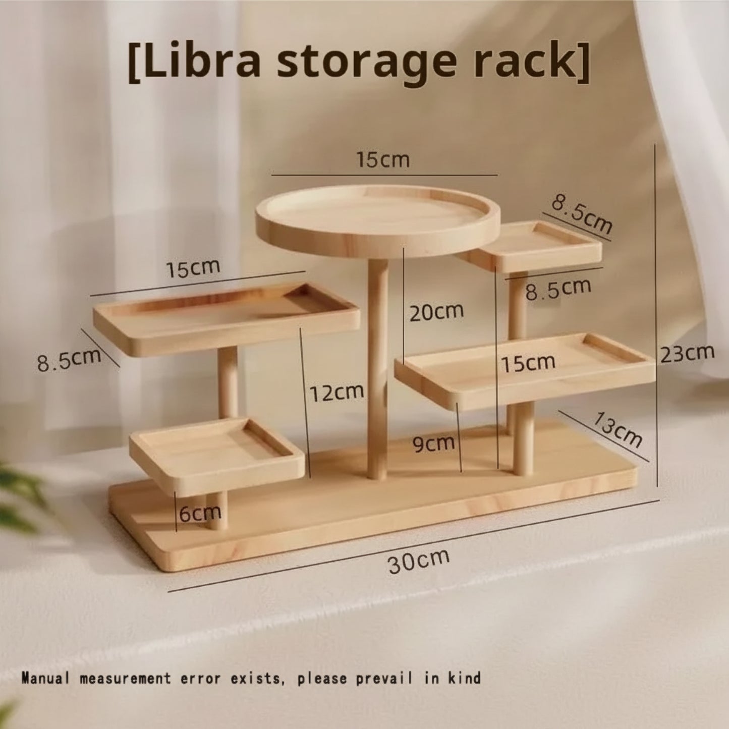 Size guide image of the “Libra storage rack” wooden tiered display stand with labelled measurements for the base, tier trays, and overall height and width.