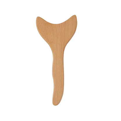 Wooden body gua sha massage tool on a clean white background, showing the full one-piece wooden shape.