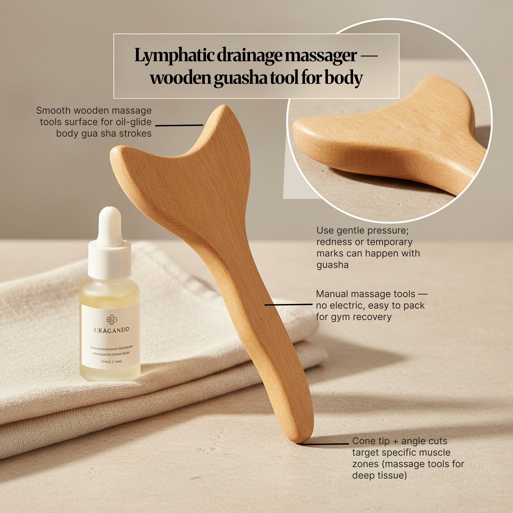 Wooden lymphatic drainage massager showing cone tip and angled edges for body massage strokes. 