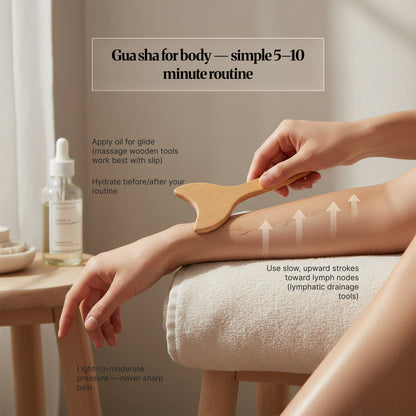 Person using a wooden gua sha body tool on the leg on a yoga mat, styled as post-workout recovery with a water bottle and oil nearby.
