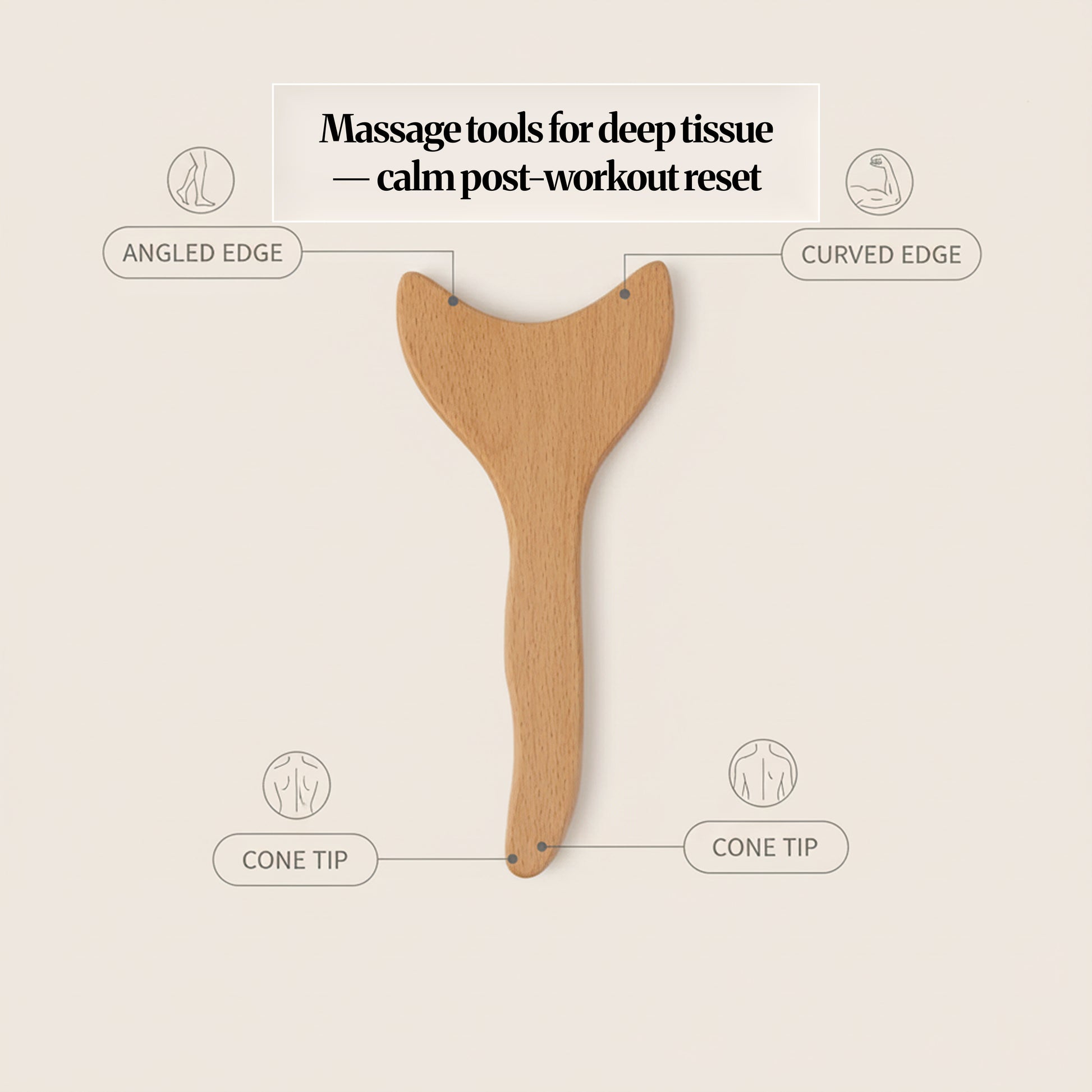 Wooden gua sha tool gliding up the forearm with arrows showing upward strokes, demonstrating a simple 5–10 minute body routine.