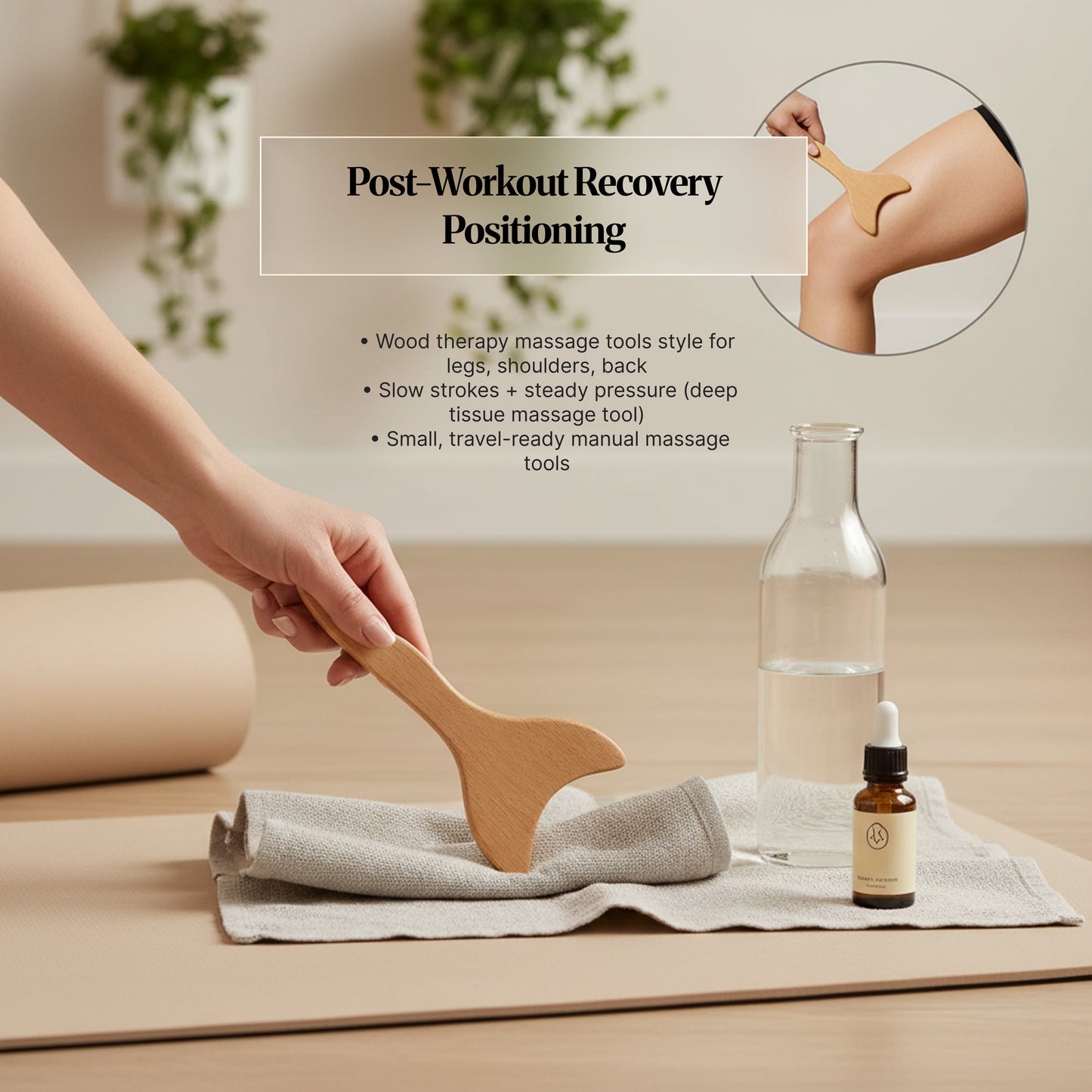 Wooden lymphatic drainage body gua sha tool displayed with close-up detail of the smooth edges and notes on gentle pressure and manual use.