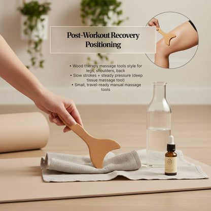 Wooden lymphatic drainage body gua sha tool displayed with close-up detail of the smooth edges and notes on gentle pressure and manual use.