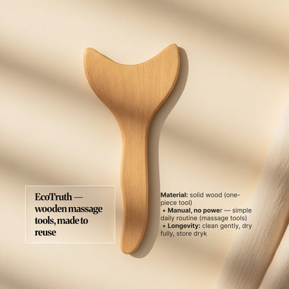 EcoTruth graphic explaining the wooden gua sha massage tool is made from solid wood, manual and non-electric, and designed for repeat use with gentle care.