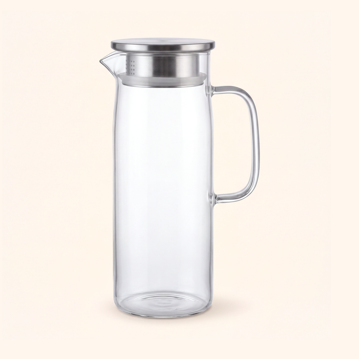 The 1.2 litre glass water pitcher with a brushed stainless-steel lid, on a soft cream background