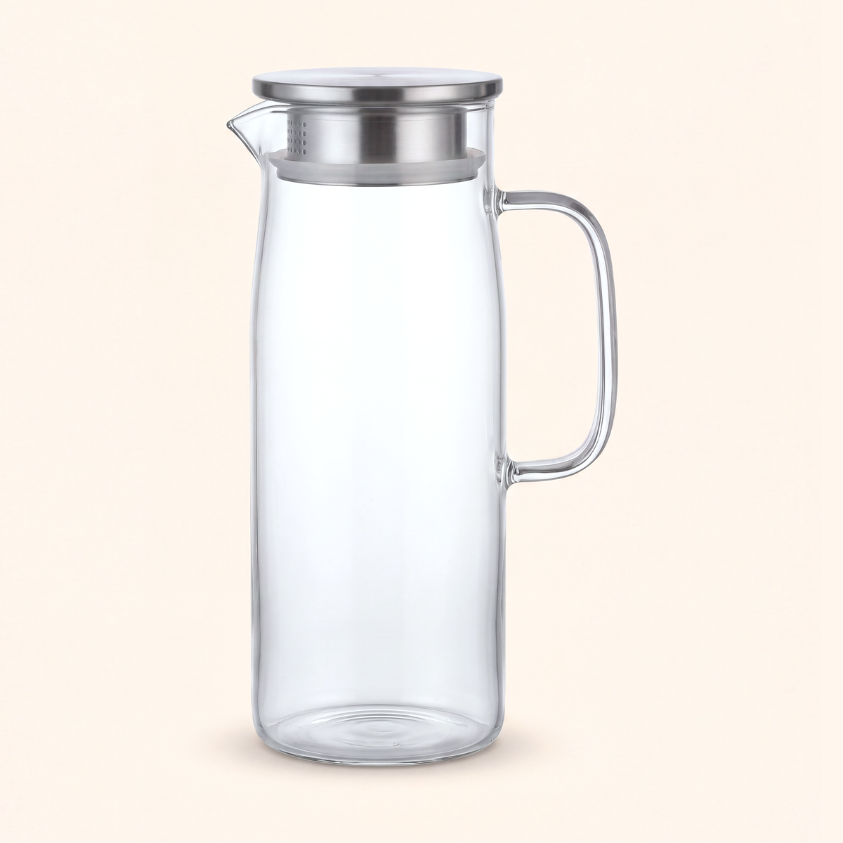 The tall 1.5 litre glass water pitcher with a stainless-steel lid and clear glass handle