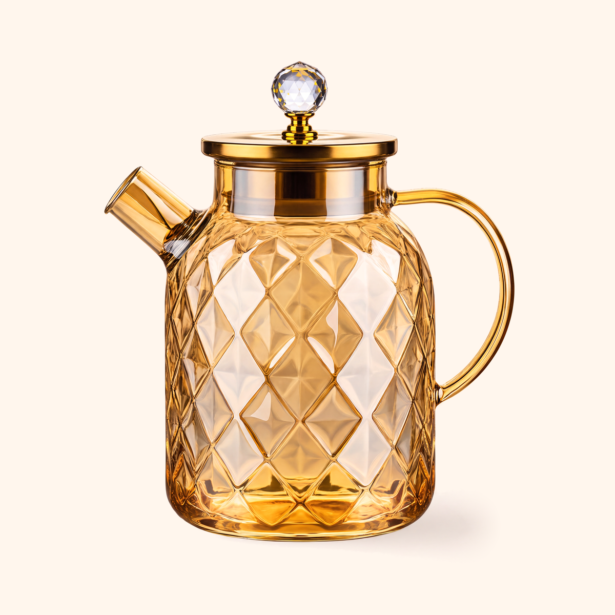 The taller 1.8 litre amber glass jug with diamond-faceted glass and a gold-tone lid