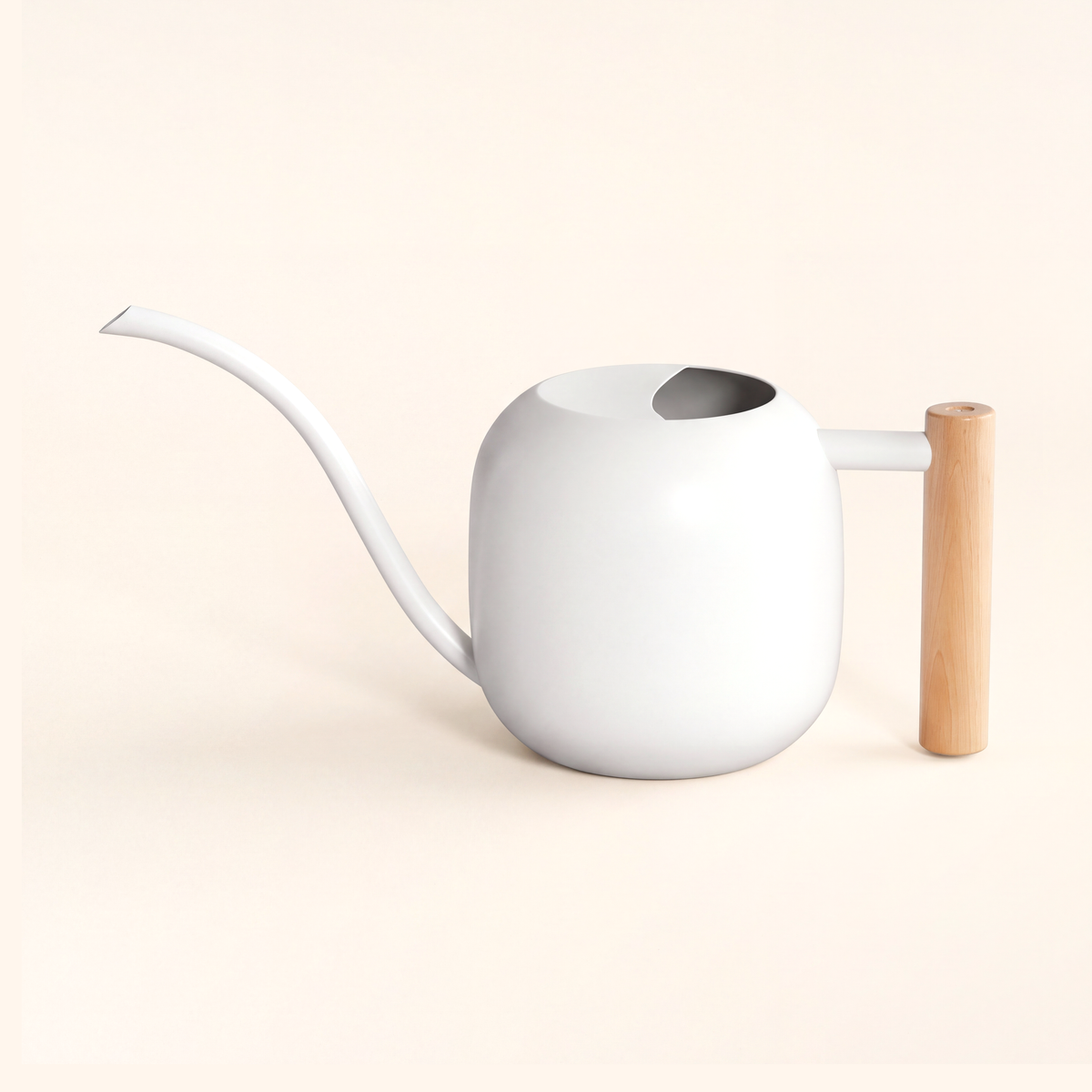 Matte white watering can with a slim gooseneck spout and wooden handle
