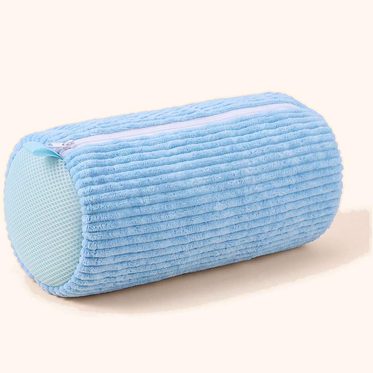 Light blue chenille washing bag with pale mesh ends, lying on its side
