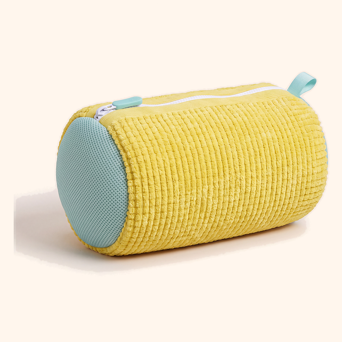 Yellow chenille wash bag with aqua mesh ends and a white zip