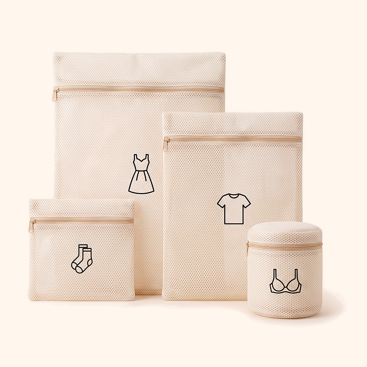 Cream mesh laundry bag set: dress, T-shirt, socks and round bra bags with icons
