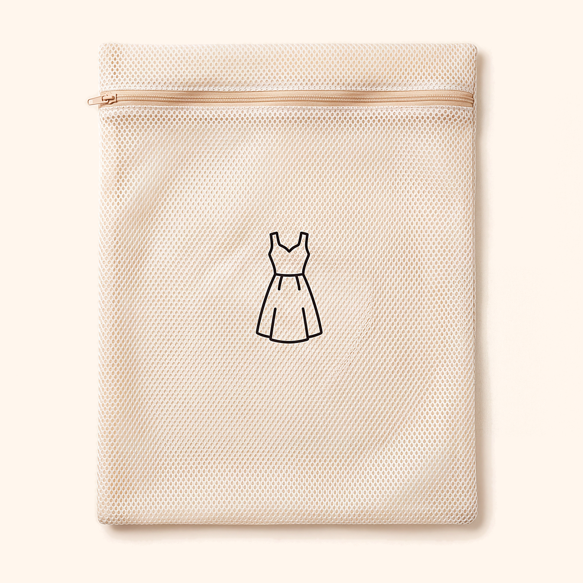 Flat cream mesh bag with a tan zip and an embroidered dress icon
