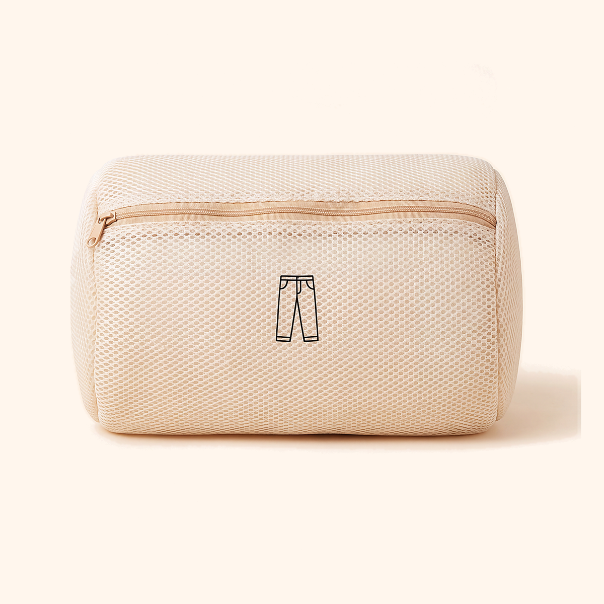 Round cream mesh roll bag with a tan zip and a trousers icon on the front