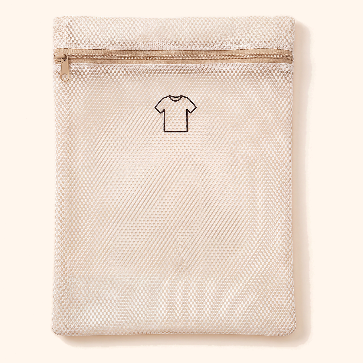 Flat cream mesh bag with a tan zip and an embroidered T-shirt icon