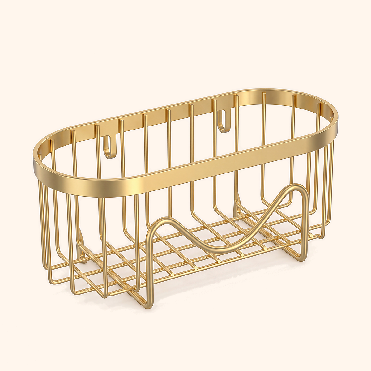 Gold-finish stainless steel sponge holder basket with wave rack, on cream